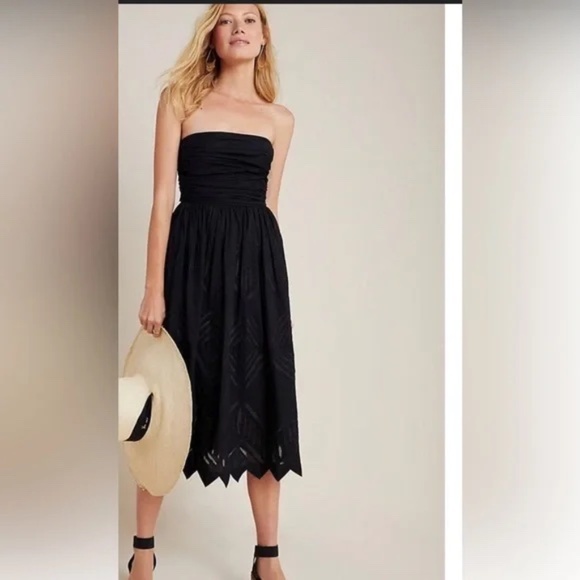 Anthropologie Dresses & Skirts - Anthropologie Midi Dress "Luiza" Black 100% Cotton w/Spaghetti straps/Strapless